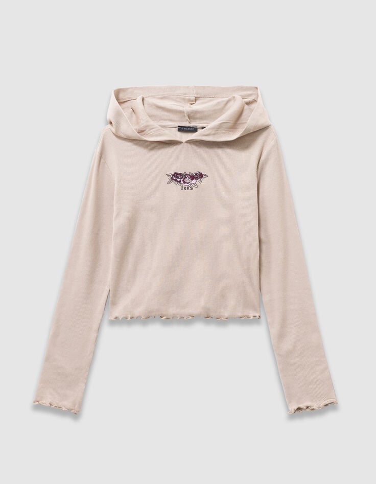 Beiges Mädchen-Kapuzenshirt Rippstick Rosen-4