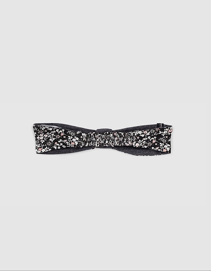 Bandeau réversible noir imprimé fleurs et gris bébé fille-3