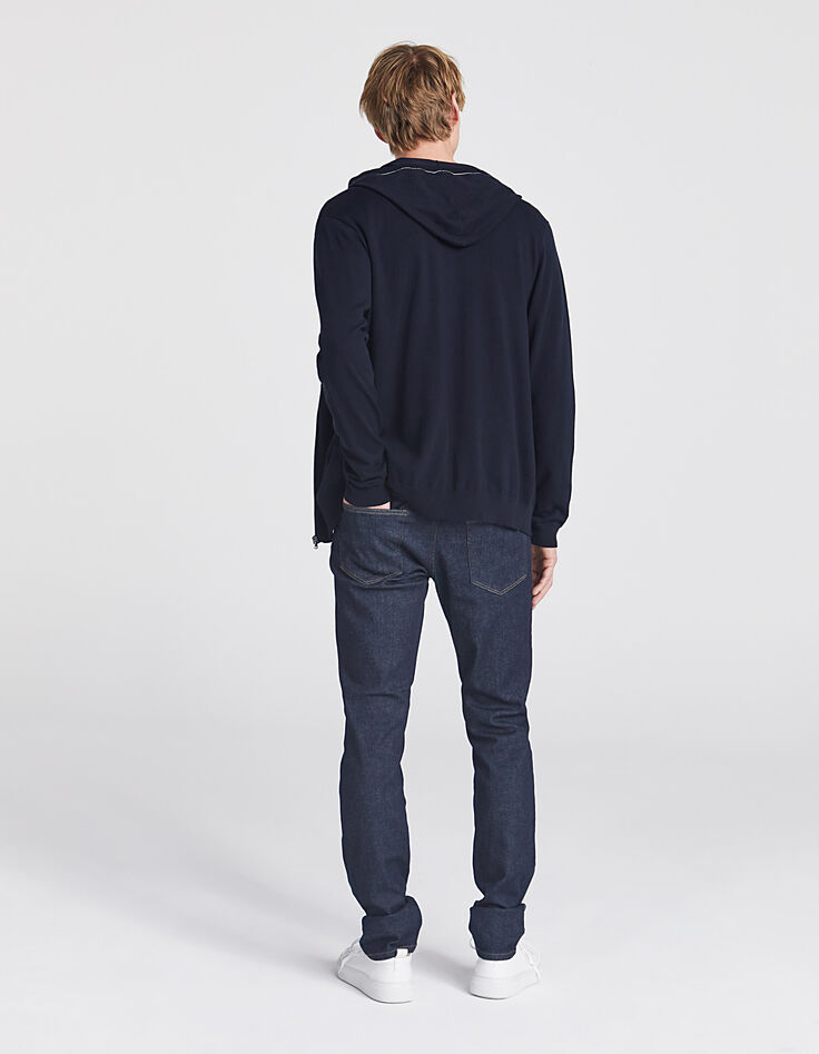 Men’s navy cardigan with ecru striped hood-3