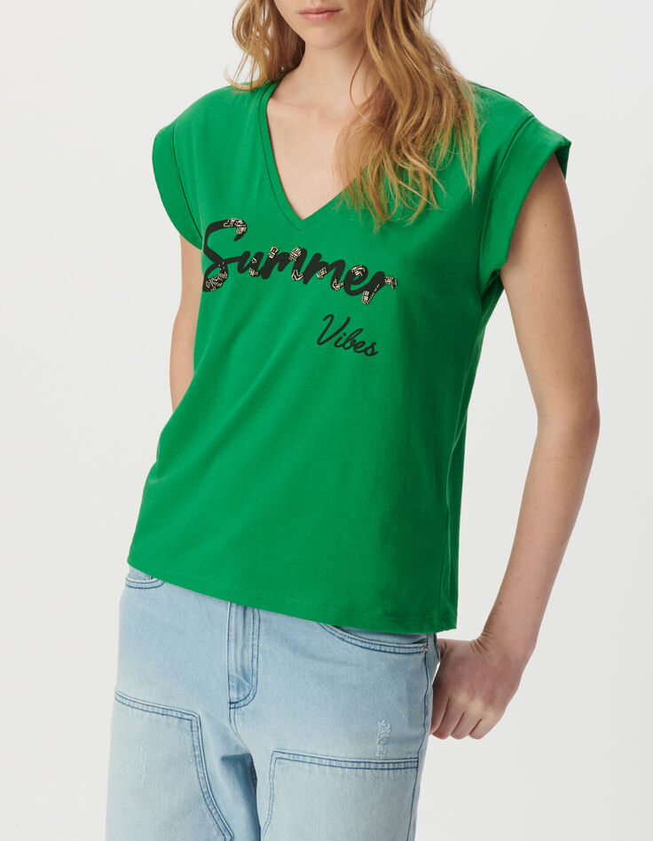 Groen T-shirt V-hals tekst-2