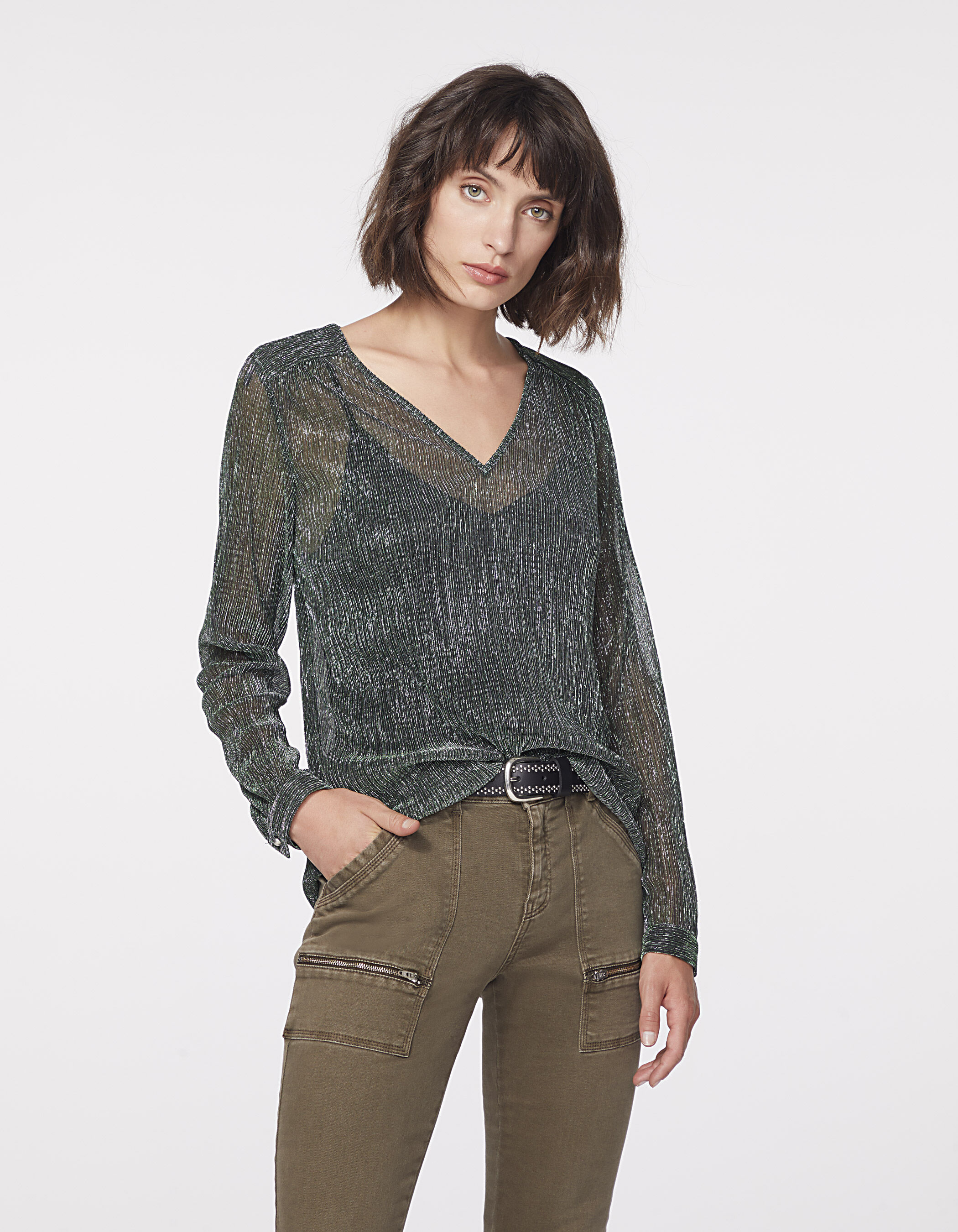 Blouse col V en maille fantaisie metallisee femme IKKS