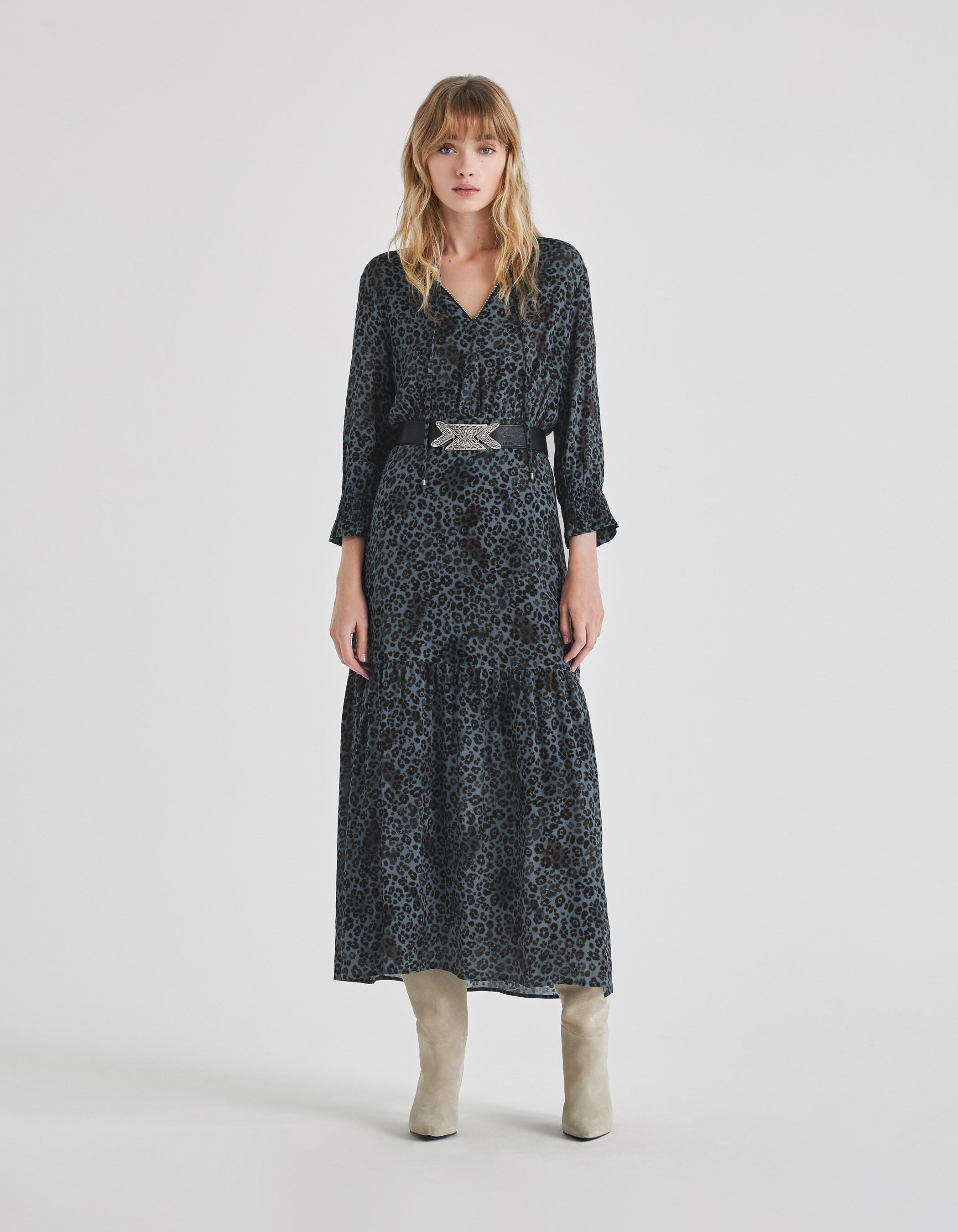 Women s blue LENZING ECOVERO rock leopard long dress IKKS