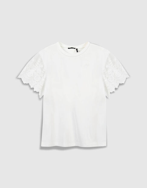 Wei&szlig;es Zweistoff-T-Shirt mit bestickten T&uuml;ll&auml;rmeln M&auml;dchen - IKKS