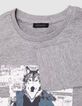 Grey organic cotton t-shirt visual boy wolf-doudoune-2
