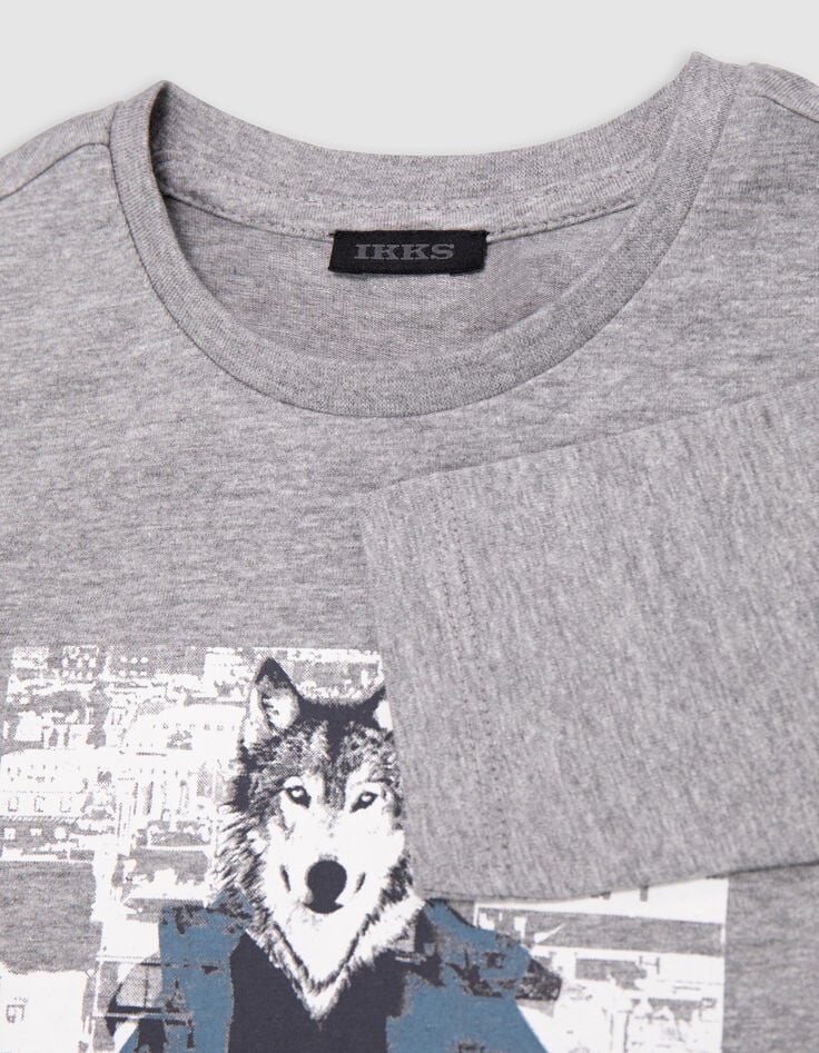 Grey organic cotton t-shirt visual boy wolf-doudoune-2