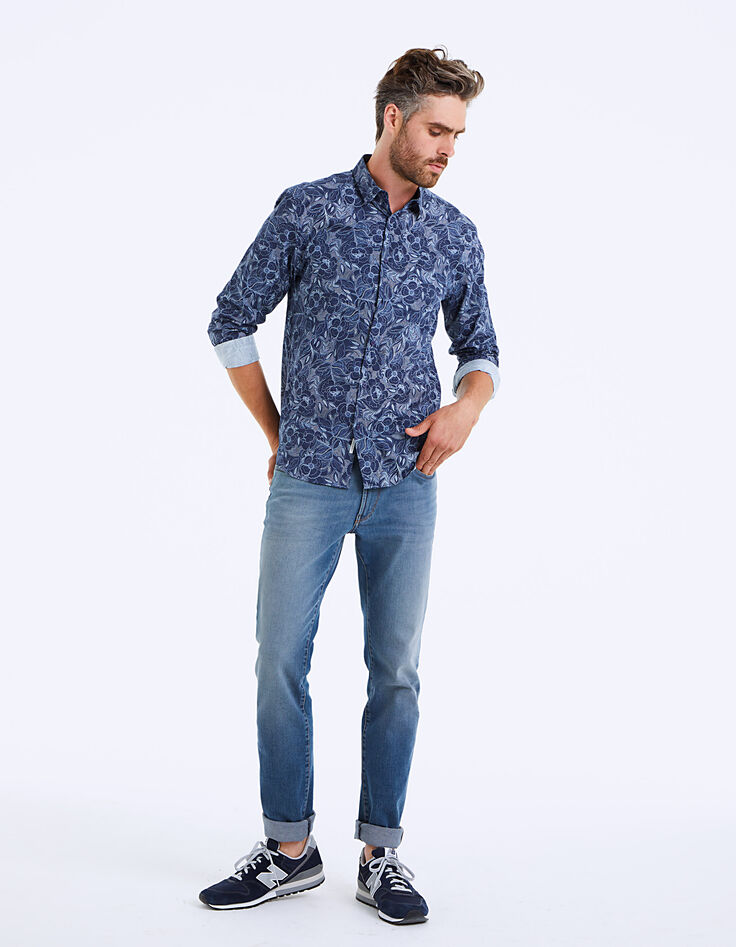 Indigoblauw slim fit overhemd met stippenprint-6