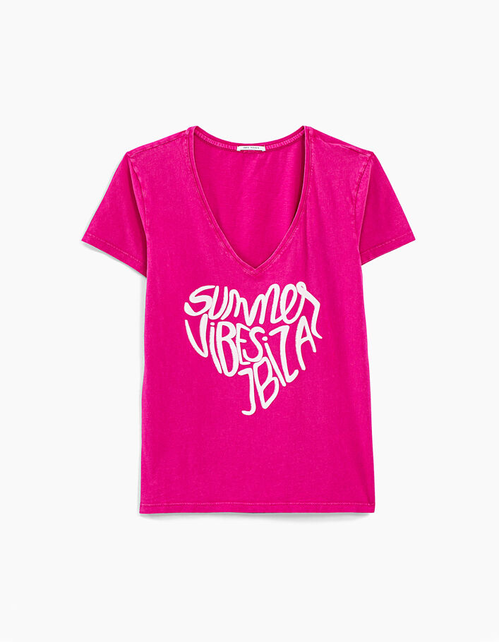 Camiseta rosa algodón bio visual terciopelo flocado mujer - IKKS