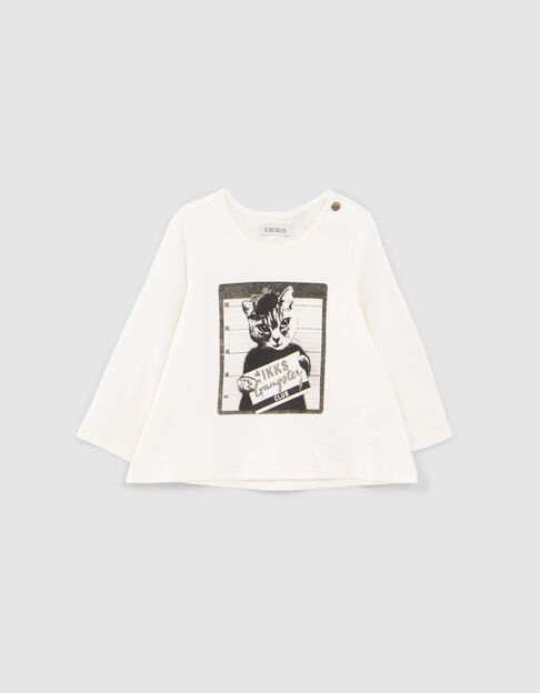 Ecru T-shirt biokatoen opdruk kat-gangster babymeisjes