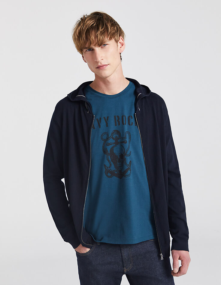 Men’s navy cardigan with ecru striped hood-1