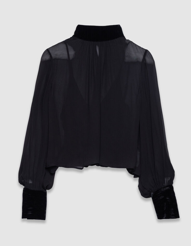 Schwarze Damenvoilebluse mit Knittersamt-5