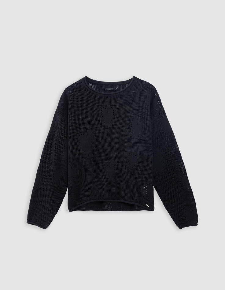 Pull noir tricot ajouré motif cœurs fille-3