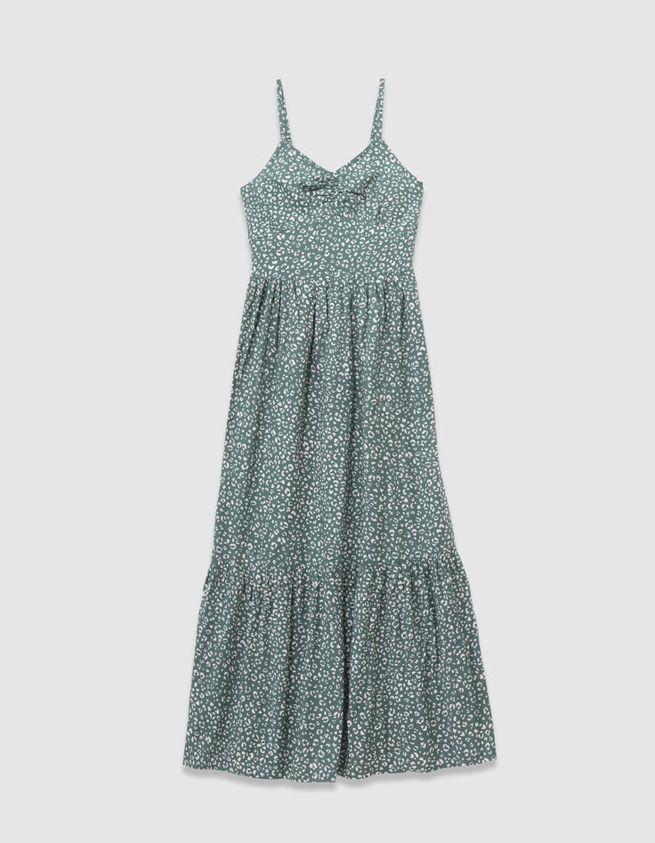 Robe longue fines bretelles verte imprimé léopard fille-5