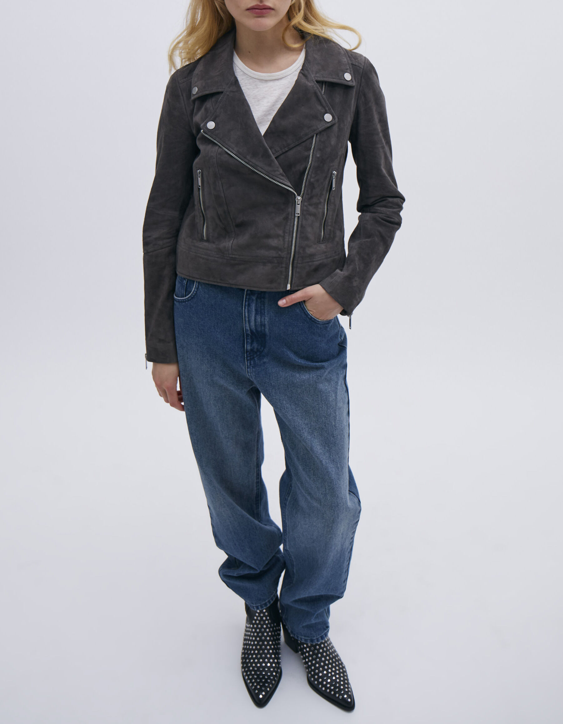 Women s grey suede biker style short jacket