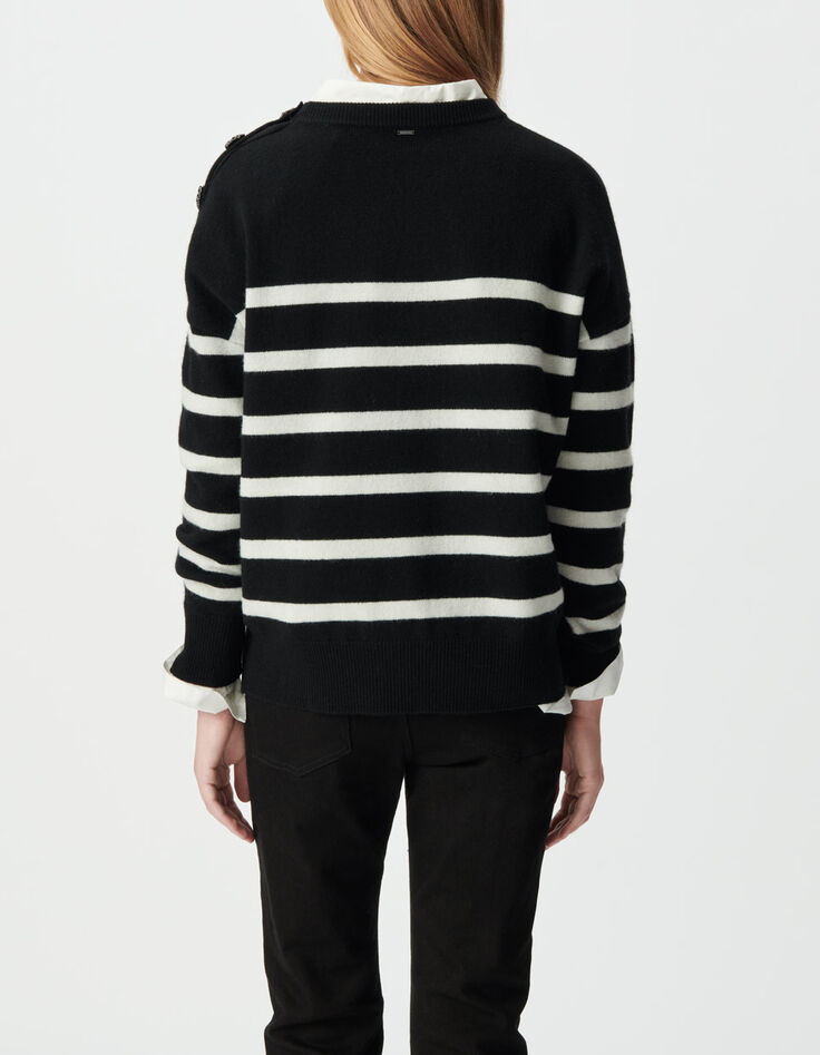 Schwarzer Damen-Marinepulli 100 % Wolle Schulterkn&ouml;pfe-3