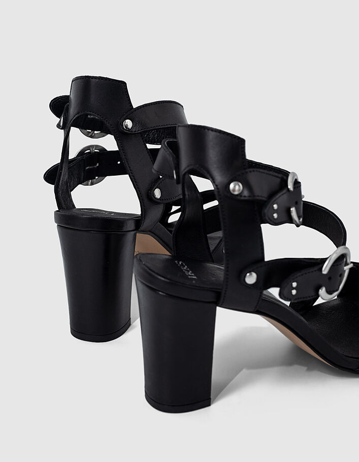Women’s black leather heeled sandals with buckles - IKKS