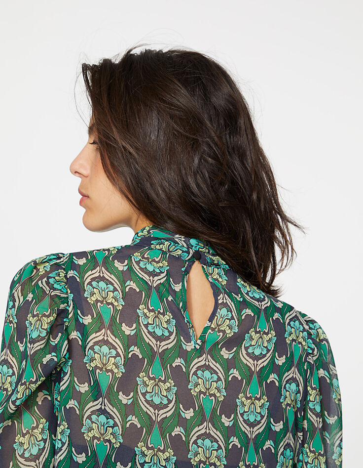 Blouse col montant lavalière voile imprimé peacock femme-5