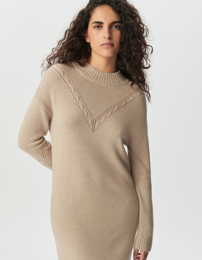 Women's beige sweater dress with placed cable knit IKKS