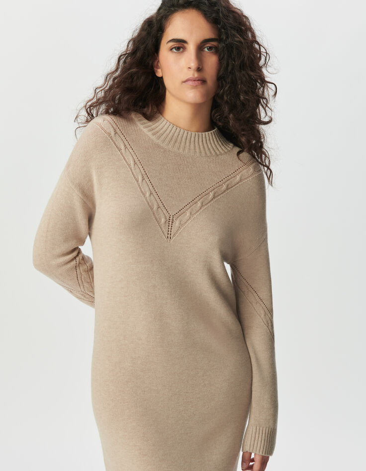 Robe pull beige tricot torsades placées Femme-4 Robe pull beige tricot torsades placées Femme-4