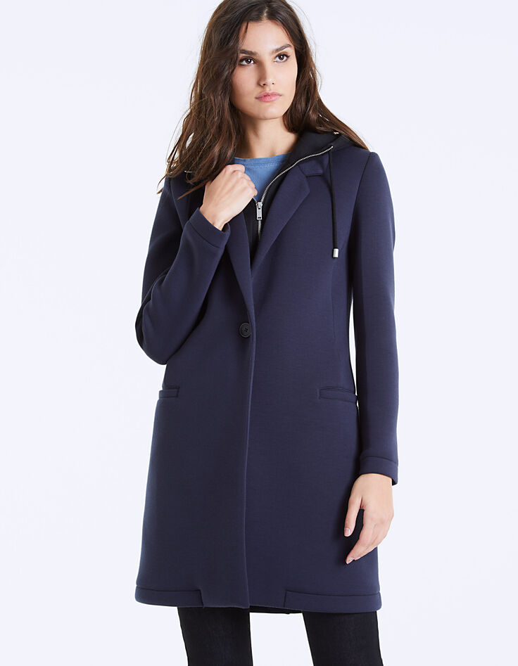 Manteau mi-long néoprène à capuche amovible femme-2