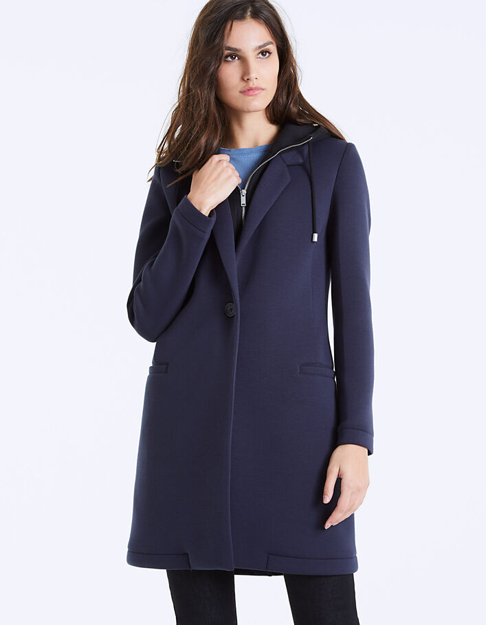 Women’s mid-length neoprene coat, removable hood - IKKS