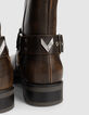 Braune Damenbikerstiefeletten Veloursleder 3 Schnallen-5