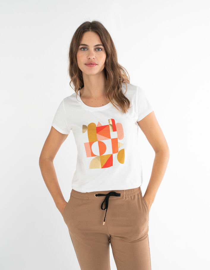 Weißes T-Shirt mit buntem Arty-Motiv mit Gold I.Code  - IKKS