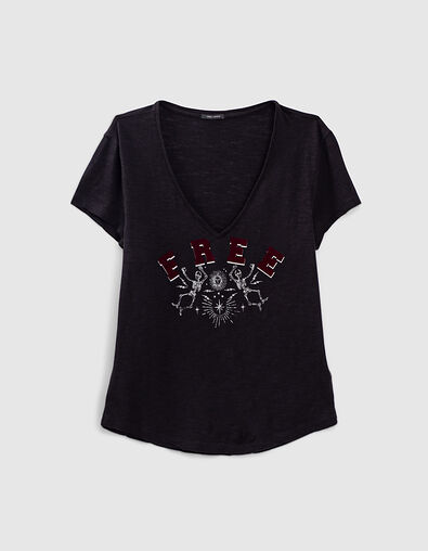 Camiseta negra algodón modal flameado tatoo mujer - IKKS