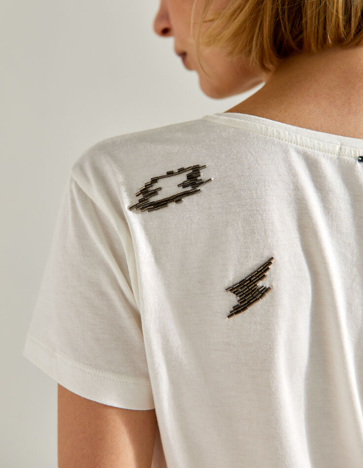 Wit T-shirt katoen-modal bliksems parelborduursels dames-2