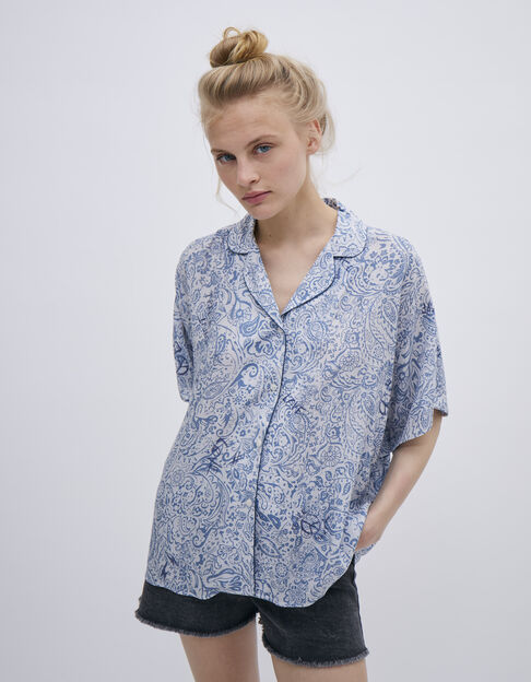 Blau Damenvoilebluse mit Zierprint