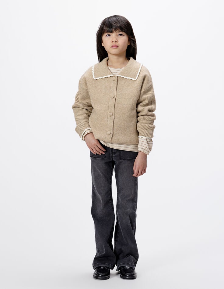 Cardigan beige tricot manches côtelées fille-1