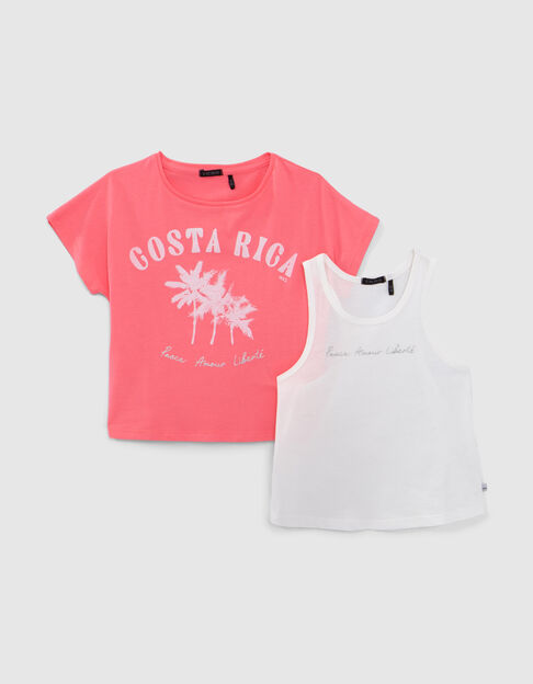 Girls’ 2-in-1 neon-pink T-shirt and white vest top - IKKS