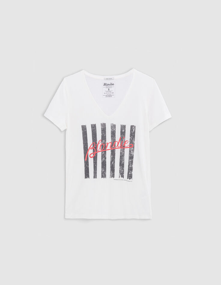 Camiseta blanca de mujer de algod&oacute;n org&aacute;nico con mensaje y rayas BLONDIE-6
