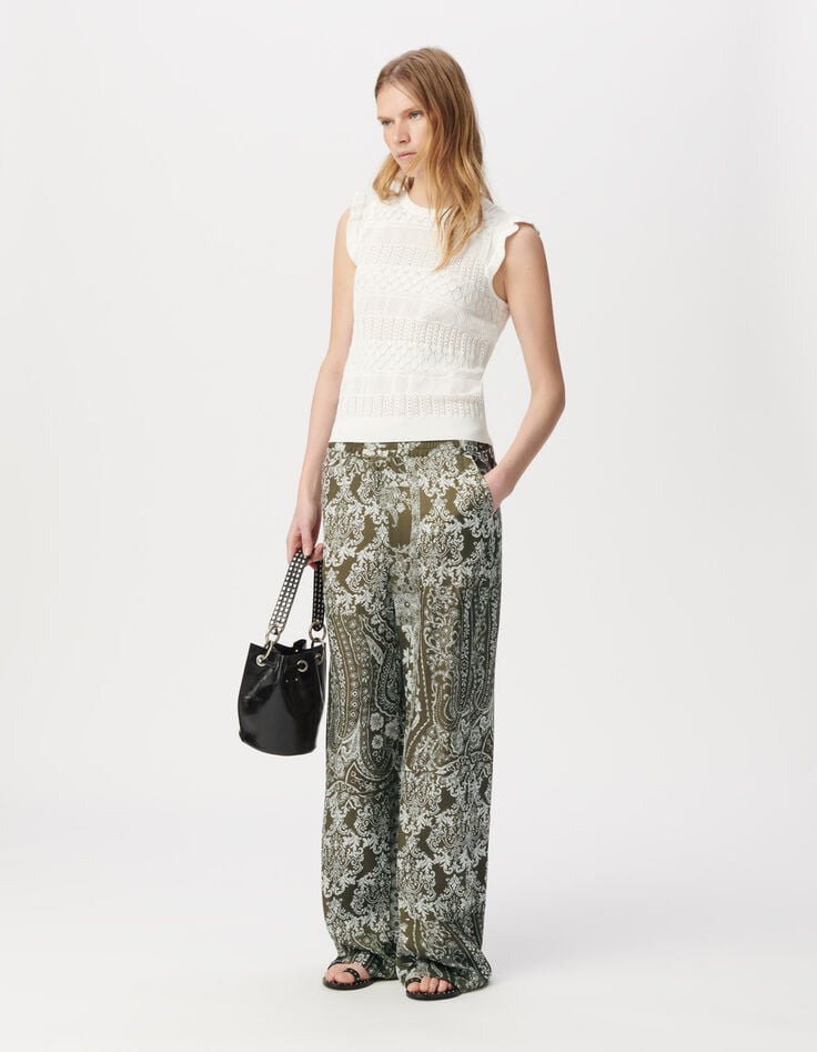 Pantalon large kaki imprimé foulard Femme-2 Pantalon large kaki imprimé foulard Femme-2