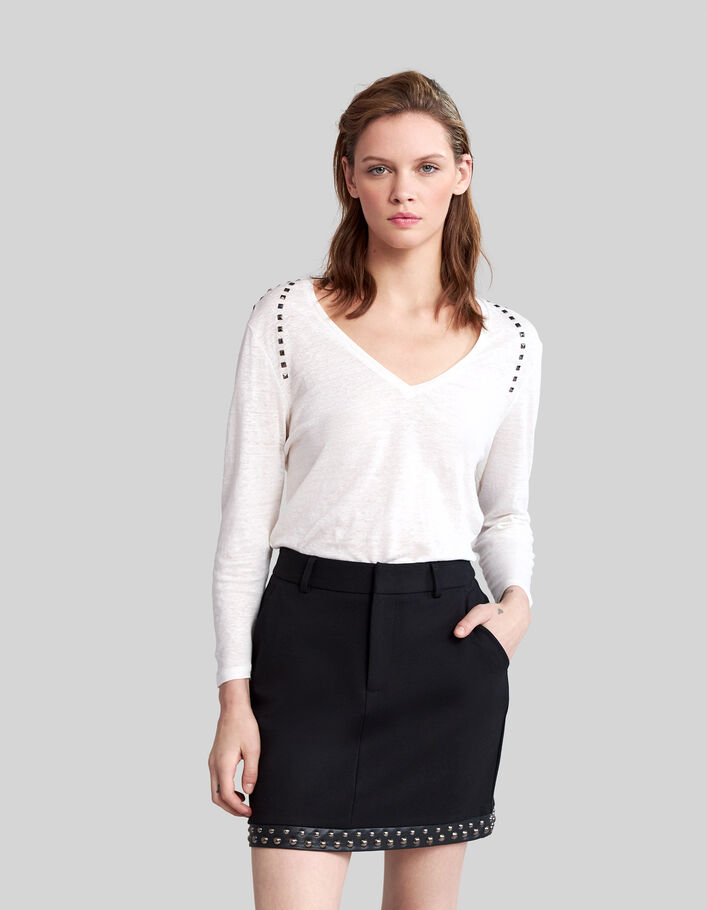 Women's off-white studded foil linen T-shirt-4