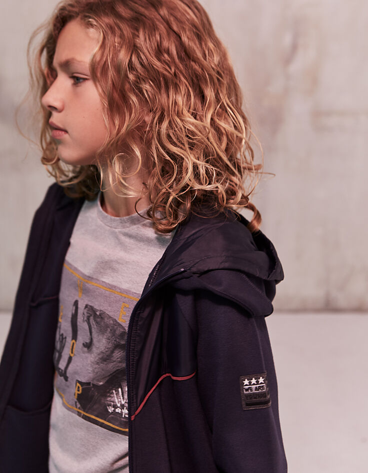 Cardigan marine bi-matière à double capuche garçon-1