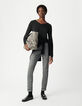 Tee-shirt noir paillet&eacute; encolure tress&eacute;e Femme-1