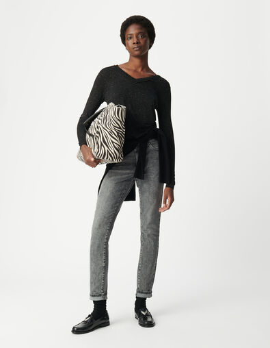 Tee-shirt noir paillet&eacute; encolure tress&eacute;e Femme - IKKS