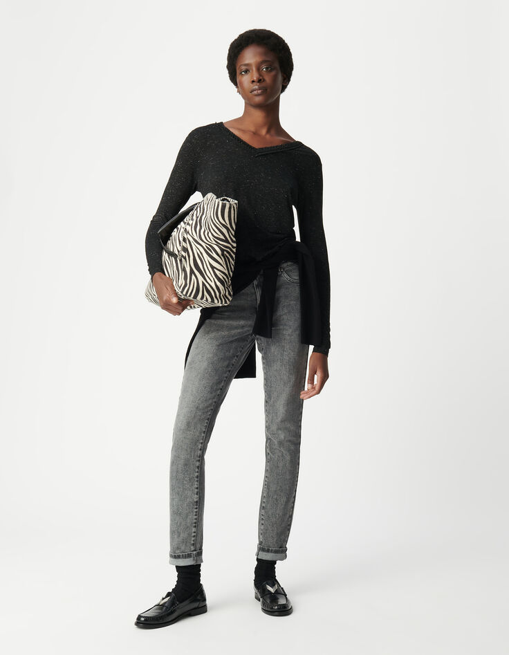 Tee-shirt noir paillet&eacute; encolure tress&eacute;e Femme-1