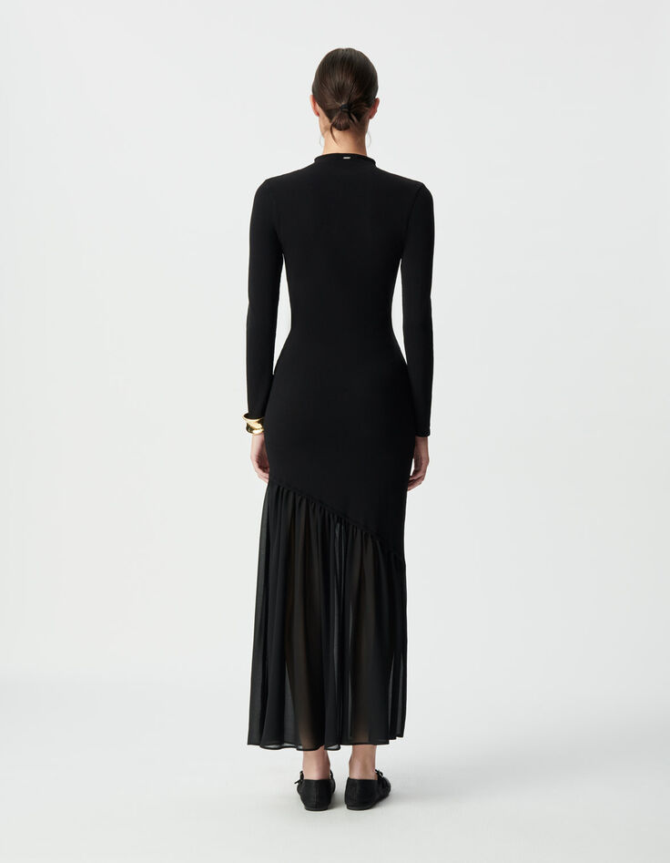 Schwarzes Damen-Langkleid Material-Mix-3