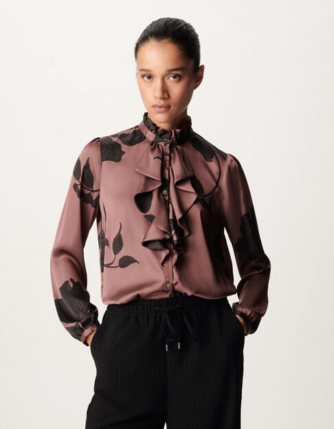 Damesbordeauxrood shirt met bloemenprint en maxi ruches - IKKS
