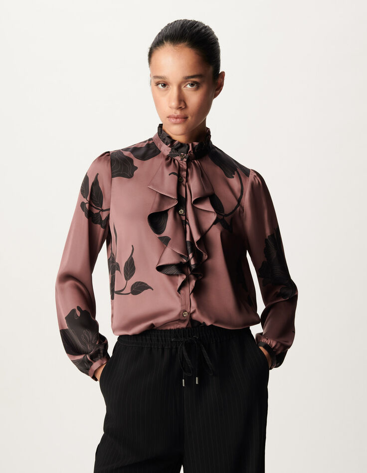 Damesbordeauxrood shirt met bloemenprint en maxi ruches-2