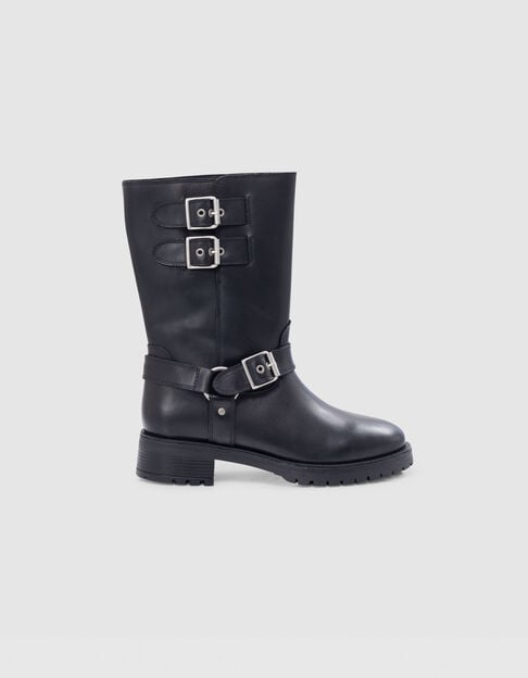 Botas moteras de cuero negro para mujer - IKKS