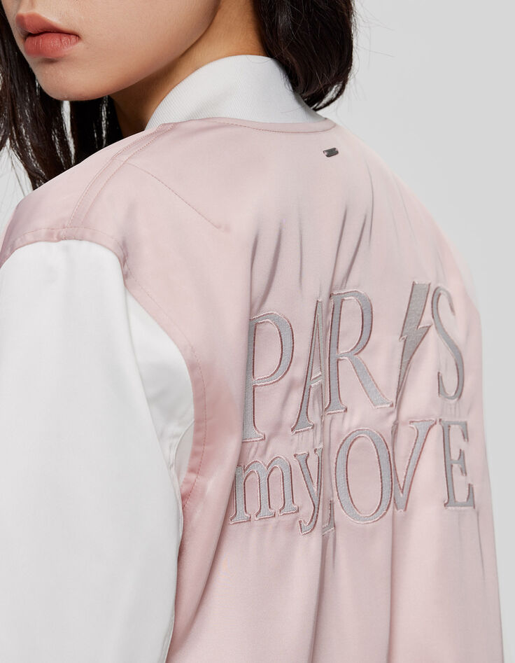 Blouson teddy rose et blanc badges et broderies dos Femme-4