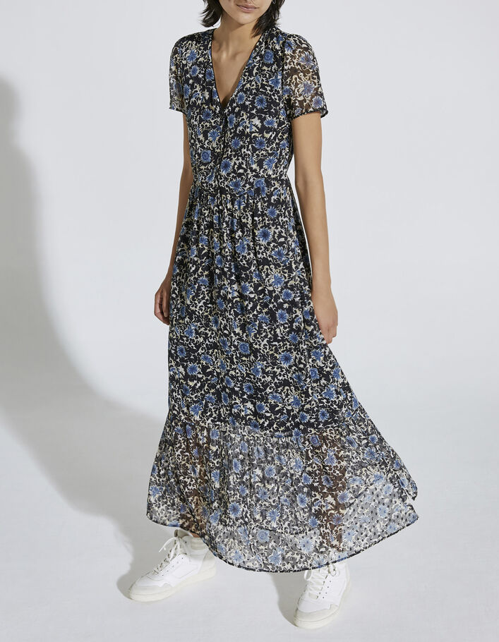 Lange jurk in plumetis-voile print blauwe bloemen dames - IKKS