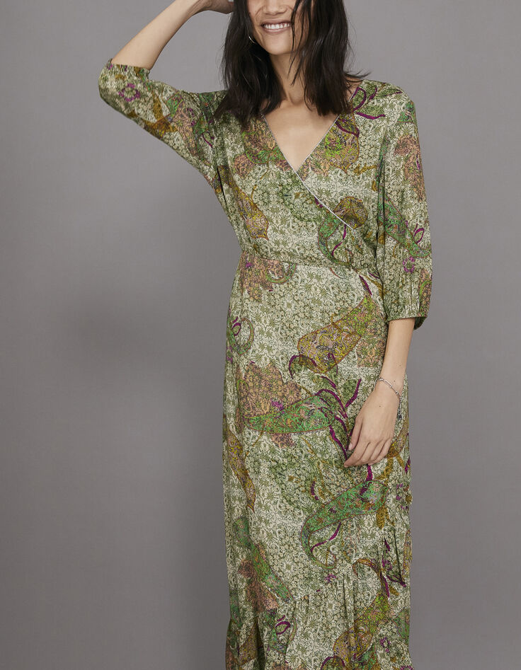 Cremeweißes langes Damenkleid, asymmetrisch, Paisley-Print-6