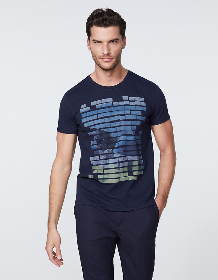 Marineblaues Herren-T-Shirt mit Fotoprint Kykladen - IKKS