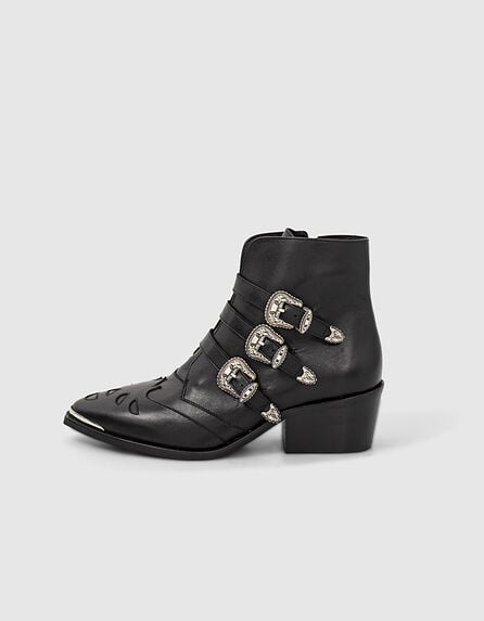 Women’s black 4-cowboy buckle leather boots
