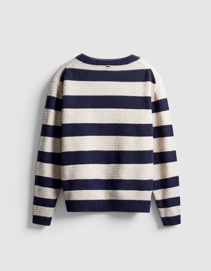 Pull col rond marine tricot motif rayures &eacute;crues Homme-7