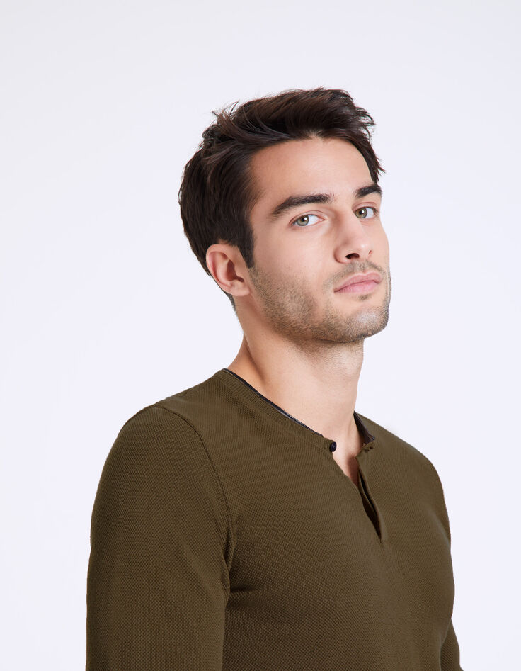 Pull kaki en maille reliefée avec col tunisien Homme-5