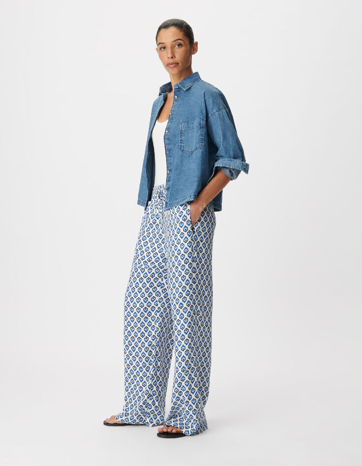 Pantalon large imprim&eacute; floral bleu Femme-1